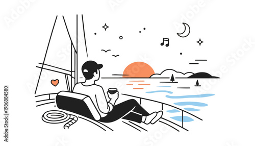 A person sitting on a boat watching a serene sunset over the ocean