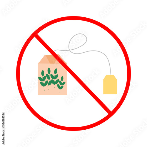 Prohibition sign with tea bag icon crossed by red circle line. Symbol indicating no tea bags allowed. Clear visual message on light background for packaging, labels, or informational graphics.
