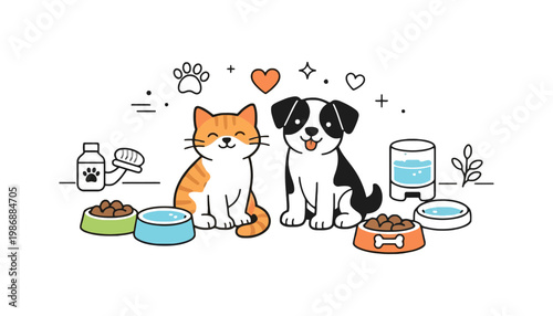 A cute dog and cat sitting together with pet food and water bowls