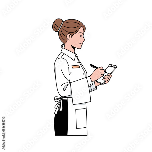 Waitress taking order with notepad and pen, restaurant service, hospitality, vector illustration