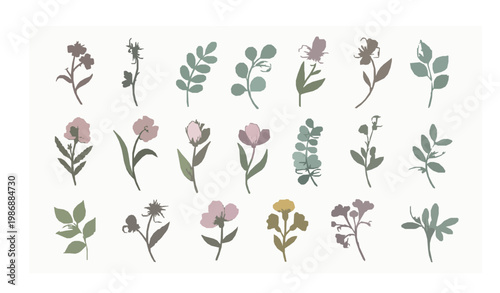 Spring floral element vector set with hand drawn wildflowers leaves and foliage for stickers and decor isolated on white
