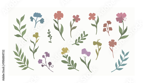 Hand drawn spring floral collection with wildflowers leaves and branches vector elements for clipart and decor isolated on white