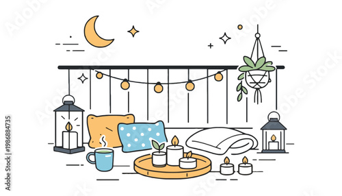 A cozy bedroom interior with a moonlit night view illustration