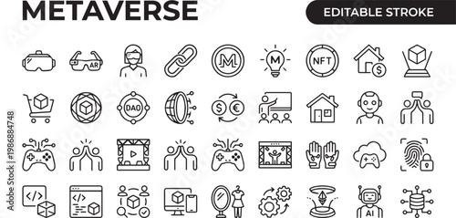 Metaverse Virtual Reality XR Technology Outline Icons Monochrome Vector