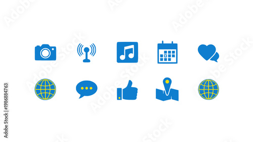 Icons for music, video, chat, and social media interaction.