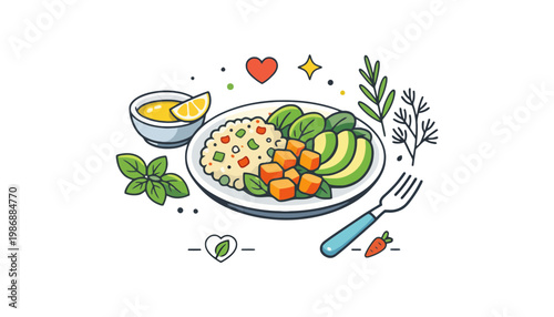A vibrant food illustration of a healthy meal with vegetables and rice