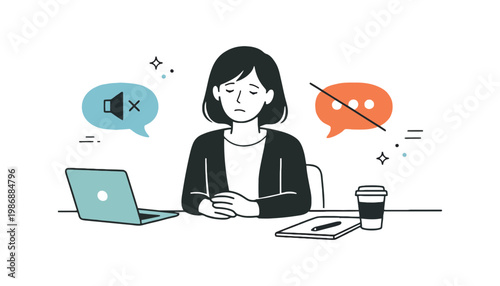 A frustrated woman sitting at a desk with a muted laptop and crossed out chat bubble