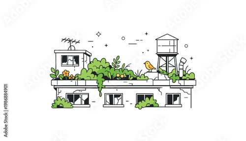 A rooftop garden illustration on a modern building with a water tower
