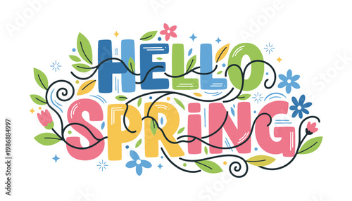 Hello Spring colorful illustration with flowers and leaves on white background