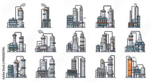 Collection of Chemical Plant and Refinery Sketches for Industrial Design.