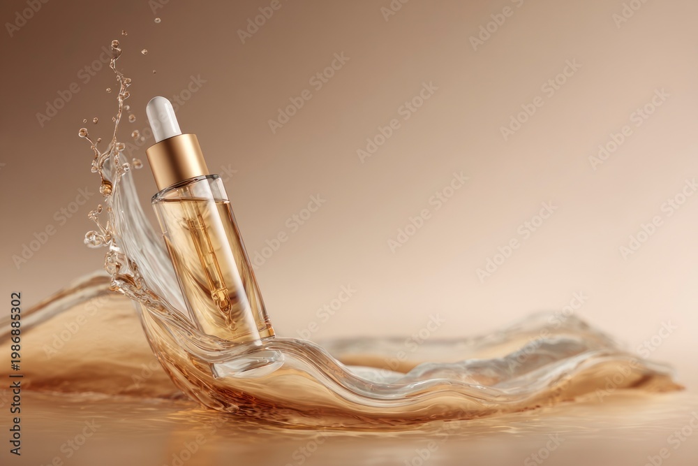 Fototapeta premium Glass serum bottle with pipette standing in golden liquid splash on beige background. Beauty concept with hydration, glow and premium care.