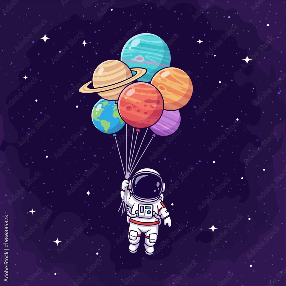 Naklejka premium Vector illustration of a cute cartoon astronaut character in a white spacesuit holding a cluster of colorful planet-shaped balloons, floating in a dark, star-filled outer space scene.