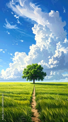 A lone tree on a grassy field with a dirt path