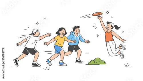 Four friends playing with a frisbee in a lively outdoor setting