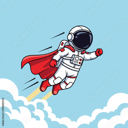 Cute cartoon astronaut character in a white and red spacesuit flying through a light blue sky with a red cape and rocket propulsion leaving clouds behind.