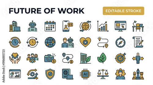 Future of Work Hybrid Workforce Line Icons Color Vector