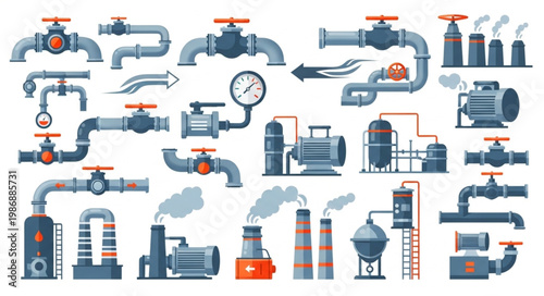 Industrial Pipeline and Equipment Vector Illustration Set.