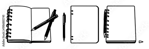 Notebook and pen set with solid black icon on white background featuring notebook, pen, icon design with graphic and illustration