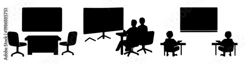 Virtual classroom set with a solid black icon featuring an online education platform, e-learning, digital school with internet and laptop