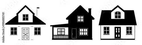 House icon set with solid black simple front view on white background featuring house front view, minimal line art, architectural illustrations with building and real estate
