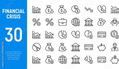 A collection of financial crisis icons in a flat design style, featuring various symbols related to finance, economy, and business, ideal for use in marketing, advertising, and educational materials.