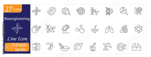 Bioengineering Icons Set, Biomedical Engineering, Genetic Design, Tissue Engineering, Biotechnology Innovation, Lab Research, Medical Science, Editable Stroke Vector Illustration.