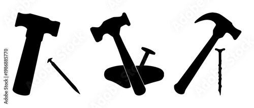 Hammer and nail icon set with simple black silhouette on white background featuring tools, construction, icons with flat design and graphic elements