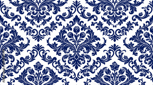 Intricate blue and white damask seamless pattern suitable for textiles and wallpapers.