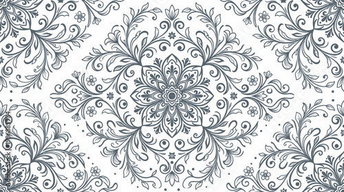 Intricate grayscale blue mandala pattern with circular, radial motifs and ornamental symmetry for decorative design and textile projects.
