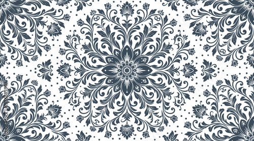 Intricate blue damask pattern texture with ornamental floral motifs for decorative designs.