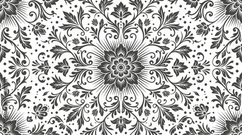 Intricate grayscale floral mandala pattern with symmetrical ornamental design for textiles and graphic projects.