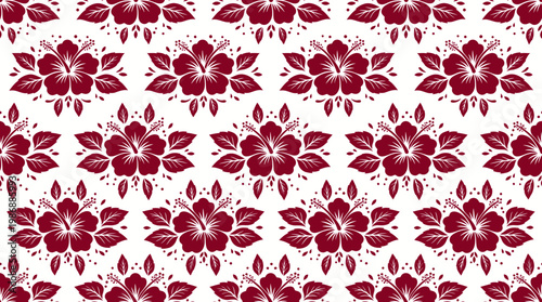 Repeating red floral rosette pattern with symmetrical decorative elements suitable for textiles and wallpaper.