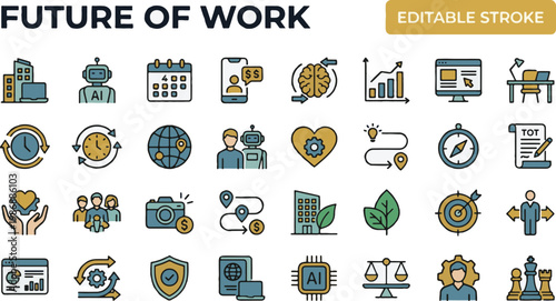  Future of Work Hybrid Workforce Line Icons Color Vector