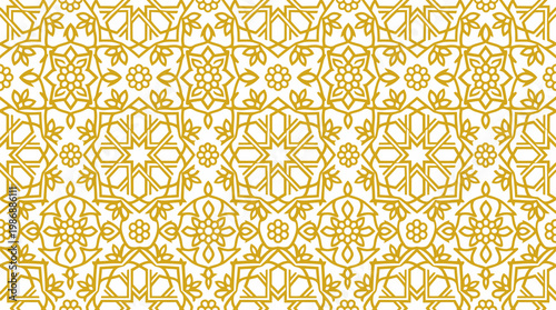Intricate yellow ornamental geometric seamless tile design featuring tessellation and decorative motifs.