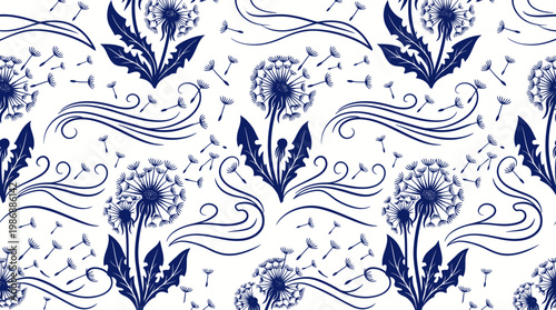 Elegant blue floral pattern repeating wallpaper motif on white background.