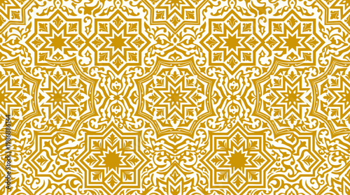 Intricate gold geometric tile pattern with ornate arabesque motifs and seamless tessellation.