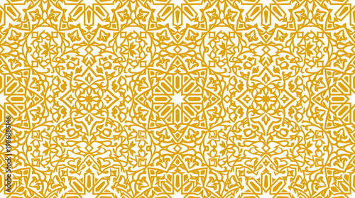 Intricate golden ornamental pattern with seamless floral arabesque motifs and geometric tessellation for decorative backgrounds.