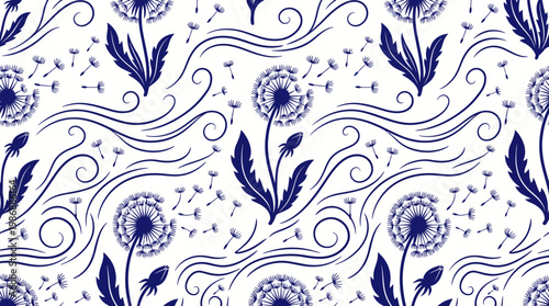 Blue floral ornamental pattern with swirling leaves and wheat stalks on white background.