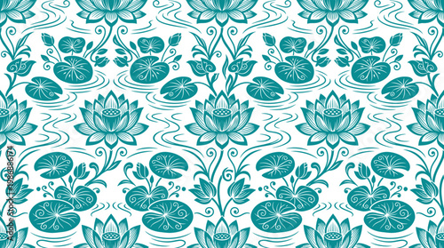 Teal Floral Pattern with Repeating Lotus Motifs for Textile Design.