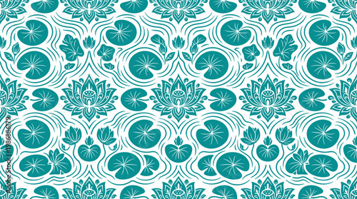 Intricate teal damask pattern with ornamental floral motifs for seamless textile and wallpaper design.
