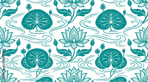 Teal Floral Pattern with Lotus and Leaf Motifs for Textile and Wallpaper Design.