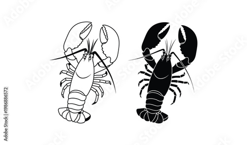 Detailed Line Drawing Of Two Lobsters, One In Black And One In White, Facing Each Other With Claws Raised, Isolated On White Background