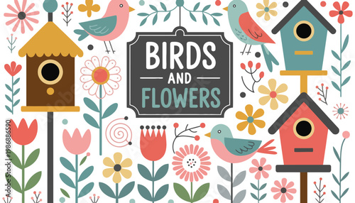 Birds and flowers illustration with colorful birdhouses and vibrant blooms