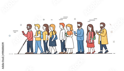 People illustration of a diverse group standing in a line queue
