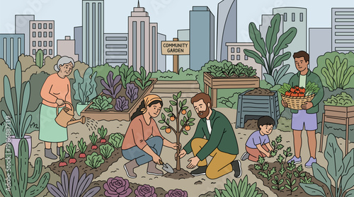 Illustration of a group of people tending a community garden on the roof of a building