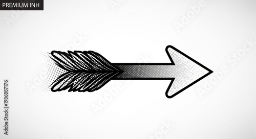 Hand drawn arrow with feathered fletching pointing right.
