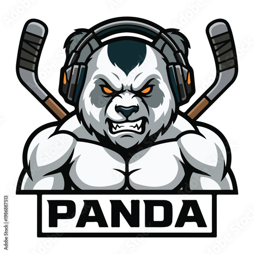 Muscular panda bear wearing headphones with hockey sticks