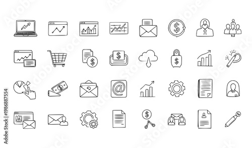 Hand drawn business icon set for web design with sketch style UI and marketing symbols vector collection
