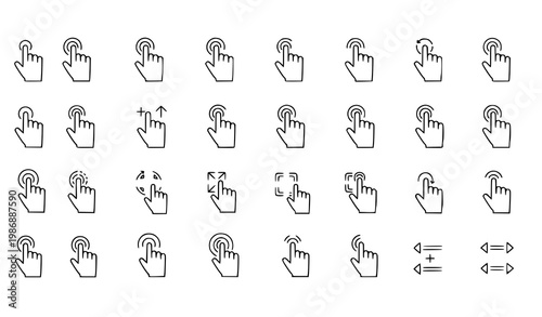 Touchscreen gesture line icon set with tap swipe drag zoom and multitouch symbols editable stroke vector