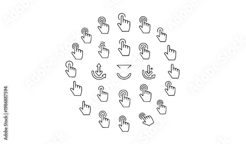 Modern circular hand cursor icons with touch gestures swipe zoom and click symbols line art vector set